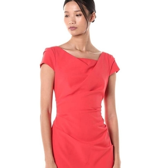 ADRIANNA Papell Asymmetrical Brick Red Crinkled Midi Sheath Dress Size: 10 - Picture 13 of 13